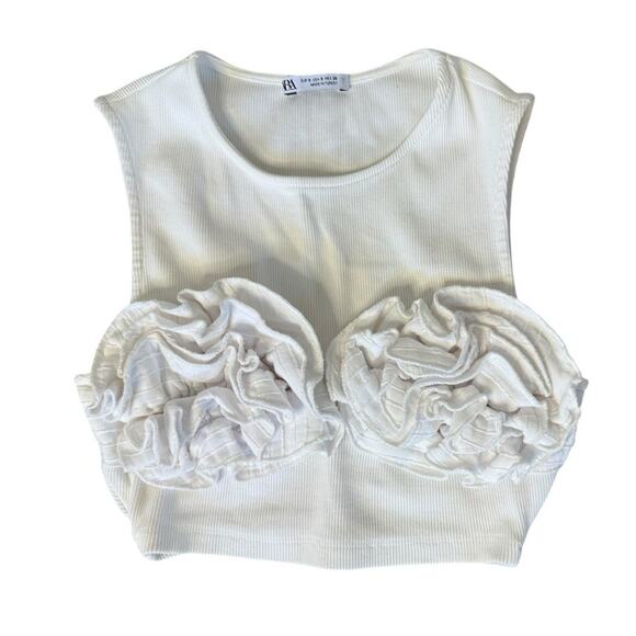 Fashion Bundle Outfit 3D Floral Crop Top Mesh Long Sleeves Satin Ruffle Pants S - Picture 6 of 10